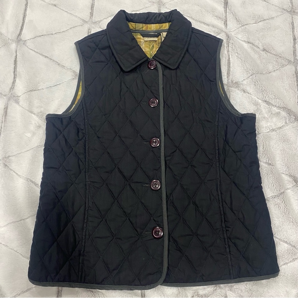 LL Bean S Black Quilted Vest Multi ColorPlaid lining Thermore Thermal Insulation